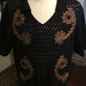 Scotch and Soda Black Knit Top with Floral Embroidery